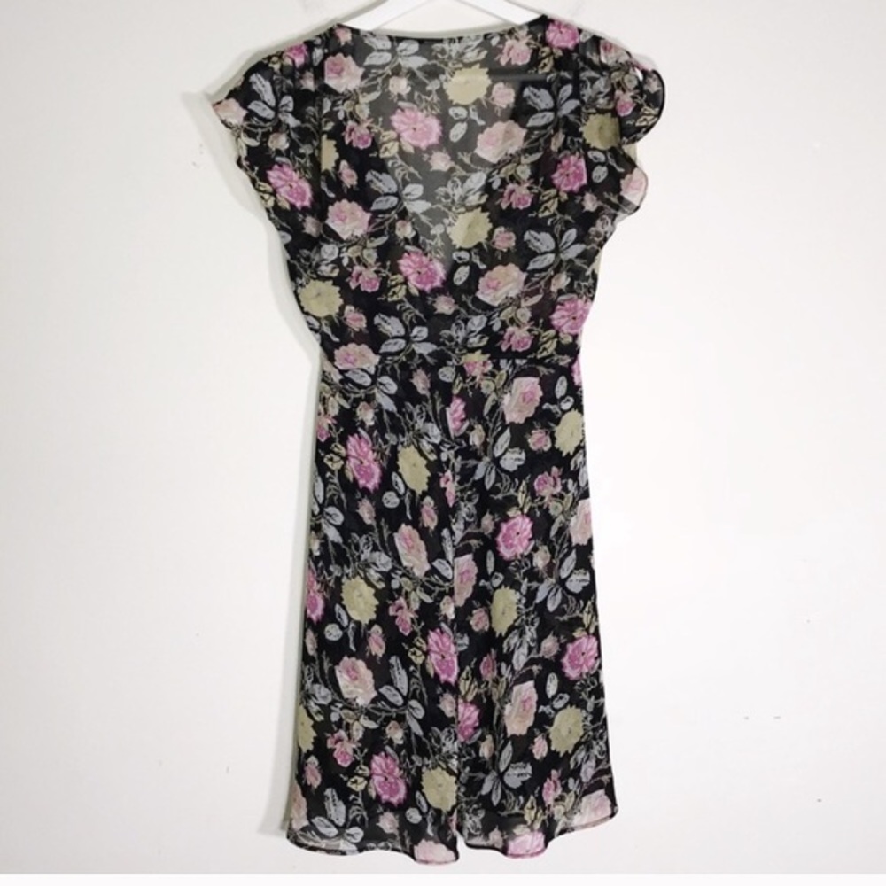 Reformed floral sheer‎ dress w/ front side zipper, Asymmetrical, v-neck, casual - Picture 3 of 9